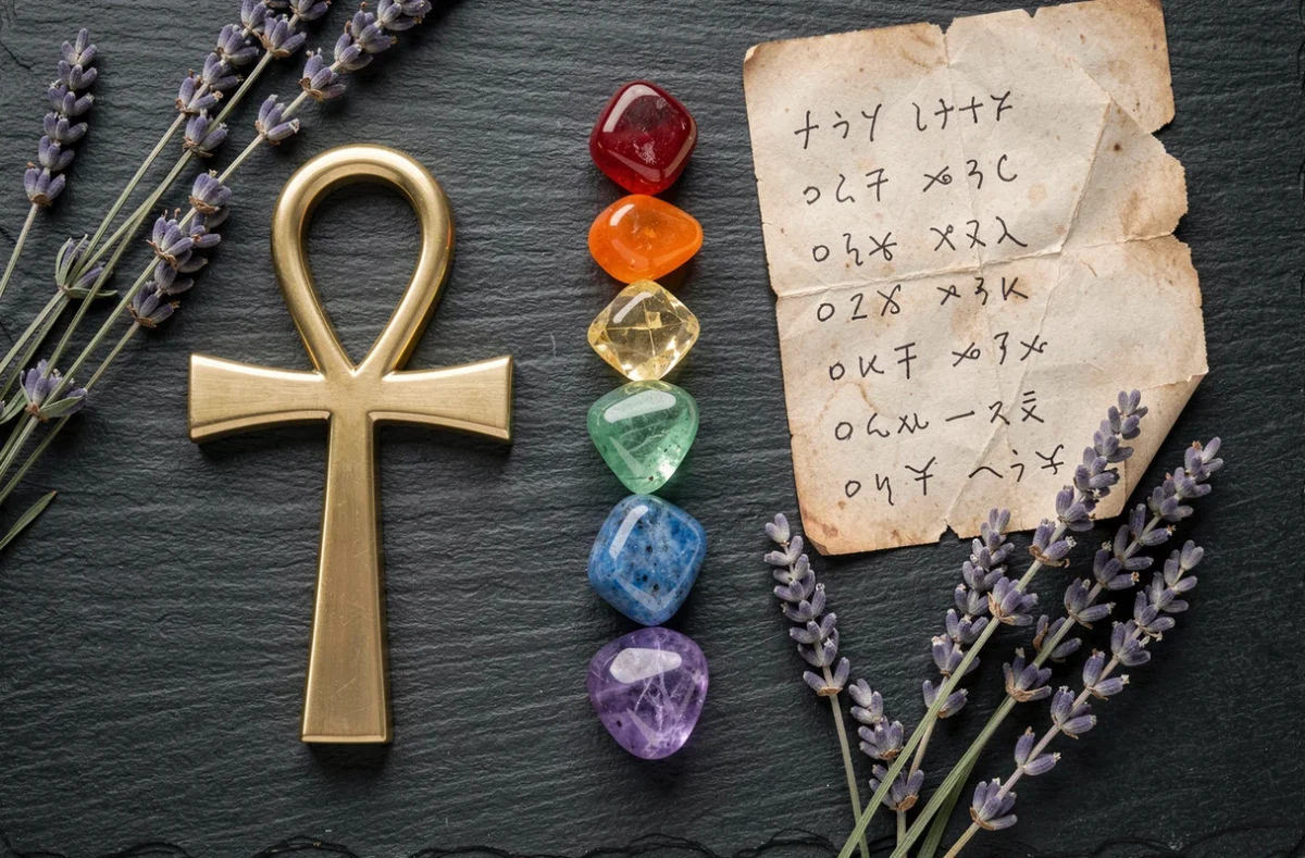 Composition à plat d'une croix ankh en laiton entourée de sept pierres de chakras colorées et de lavande séchée sur ardoise sombre