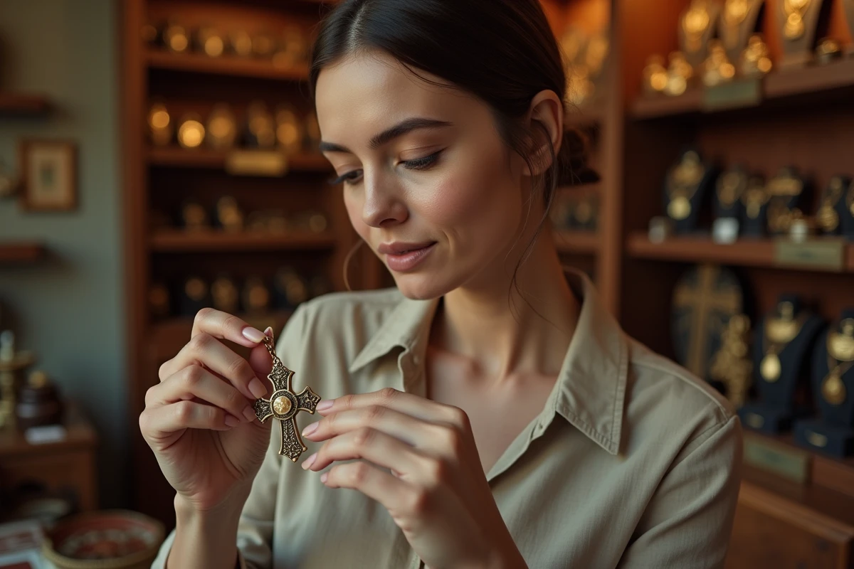 Femme tenant une croix du Portugal ancienne en or dans une bijouterie vintage, gros plan sur les détails filigranés