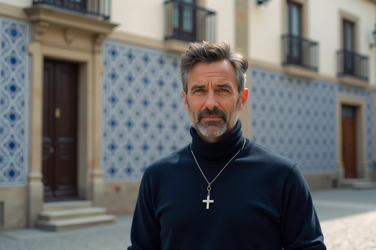 Homme portant une croix du Portugal moderne minimaliste en argent devant une façade en azulejos traditionnels