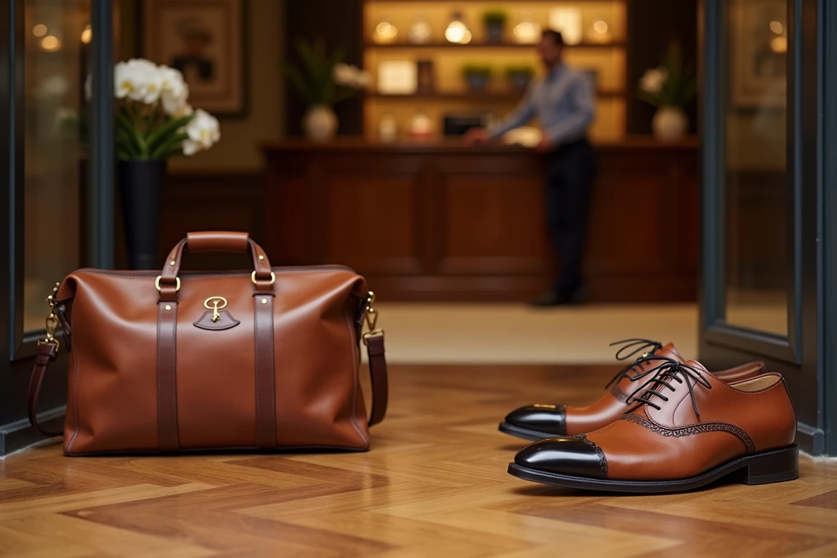 Détail d'un sac en cuir monogrammé et chaussures Oxford artisanales sur parquet parisien, évoquant l'artisanat du luxe français