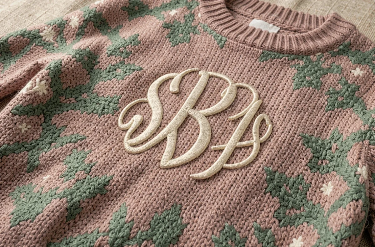 Détail gros plan d'un pull de Noël personnalisé tendance 2026 avec motif flocon géométrique et monogramme brodé
