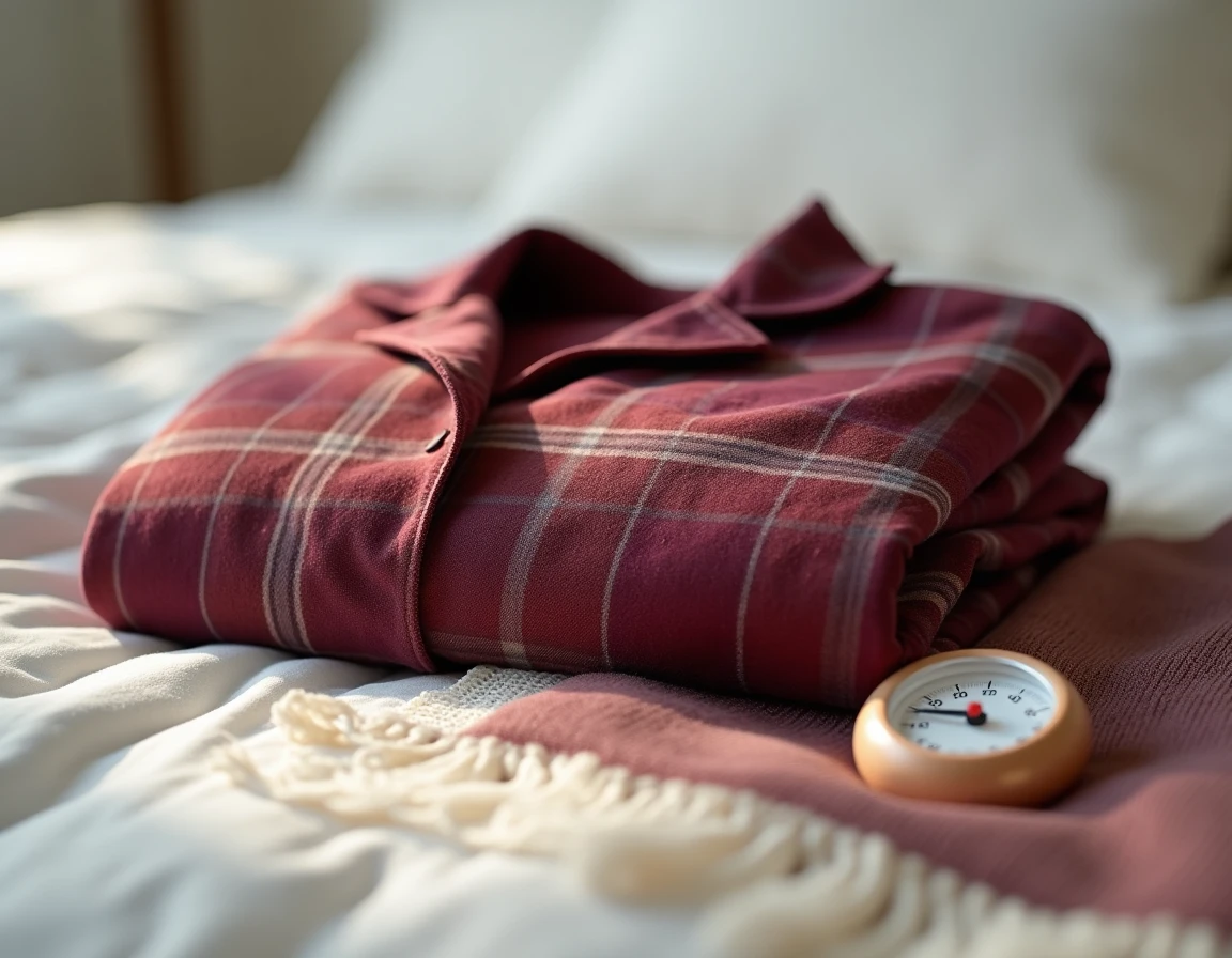 Gros plan sur un pyjama pilou plaid bordeaux posé sur une couette blanche avec thermomètre et tissu respirant en comparaison