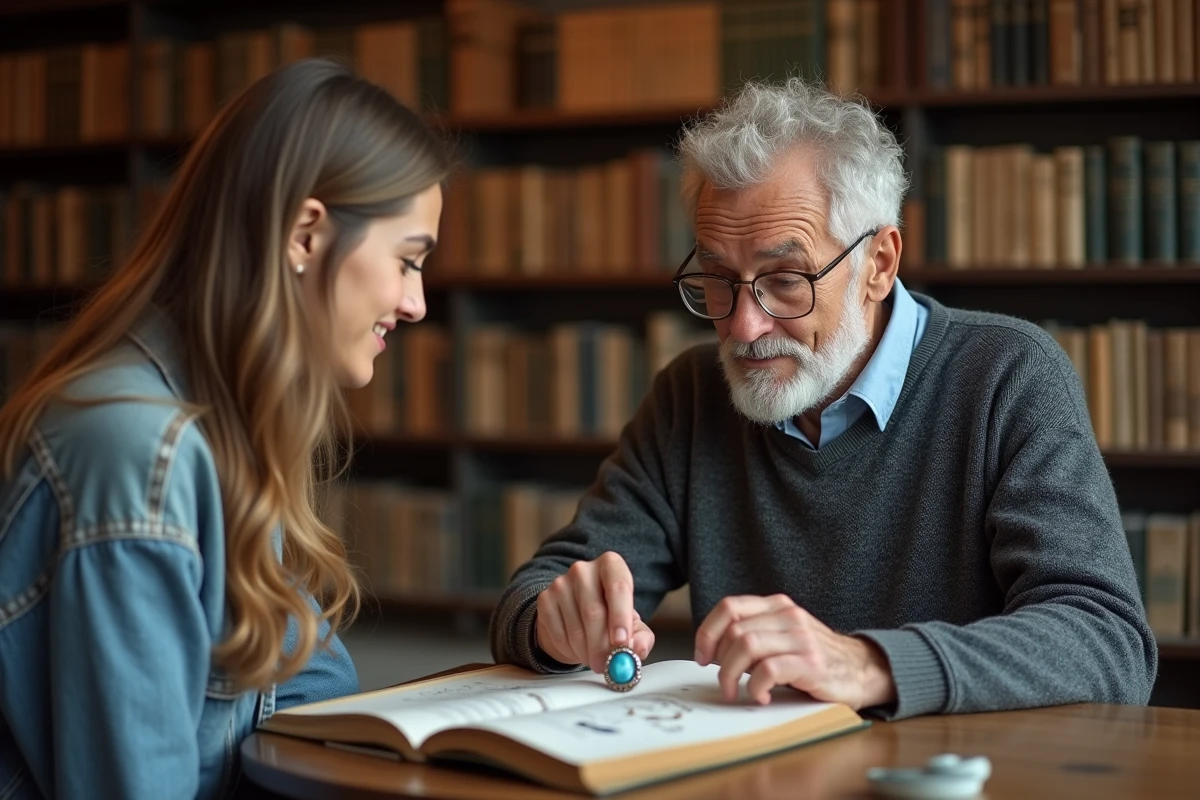 Deux personnes discutant de la signification d'un camée bleu autour d'un livre de référence dans une librairie ancienne