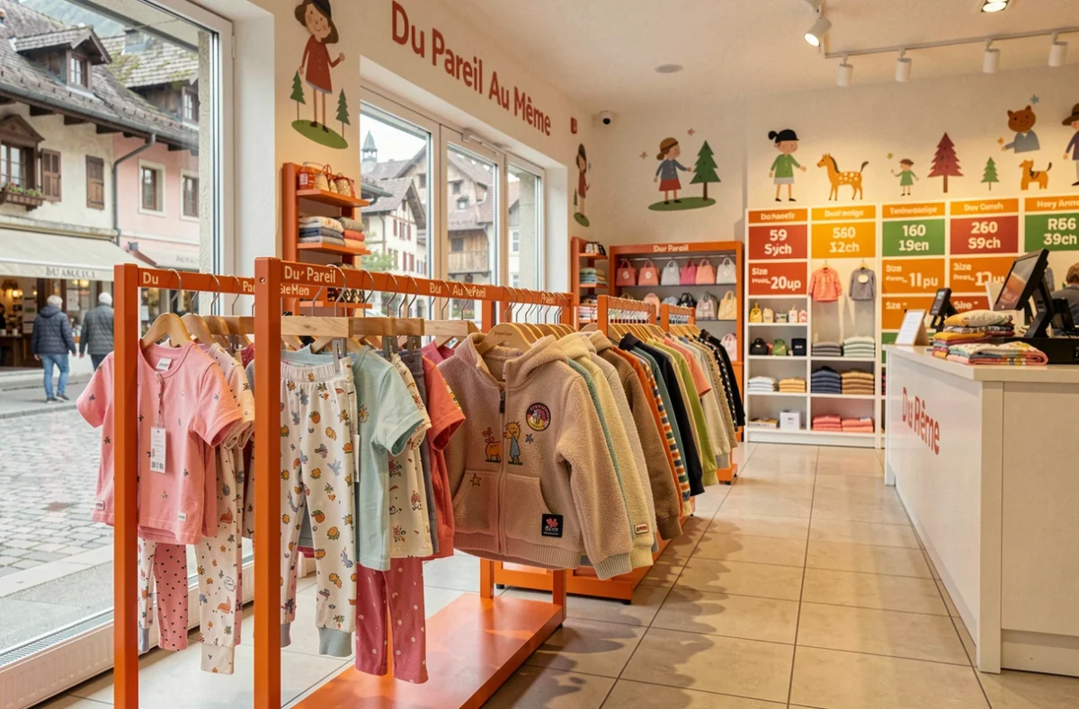 Intérieur de la boutique Du Pareil Au Même à Annecy avec des vêtements pratiques et colorés pour enfants sur des portants de marque orange