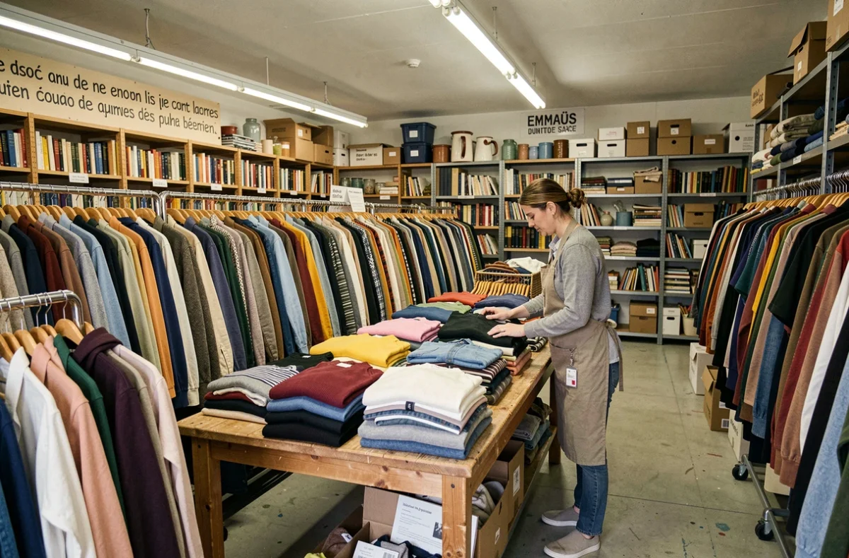 Boutique Emmaüs La Friperie dans la Vienne, un bénévole range des vêtements de seconde main sur des portants colorés