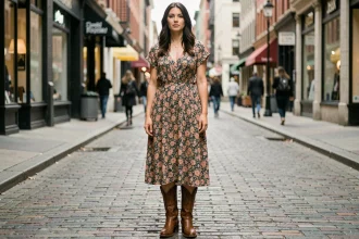 Femme portant des bottes cowboy western marron avec une robe mi-longue florale inappropriée dans une rue urbaine, illustrant une erreur de style vestimentaire