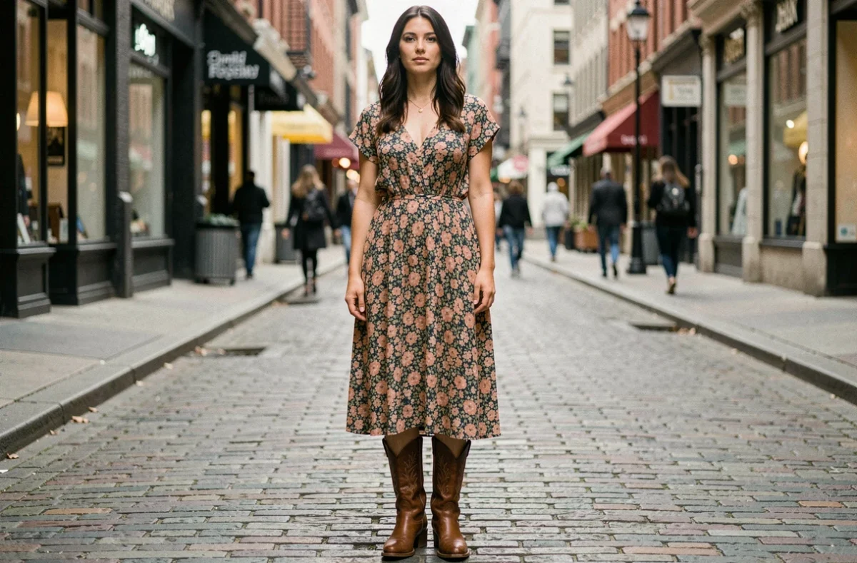 Femme portant des bottes cowboy western marron avec une robe mi-longue florale inappropriée dans une rue urbaine, illustrant une erreur de style vestimentaire