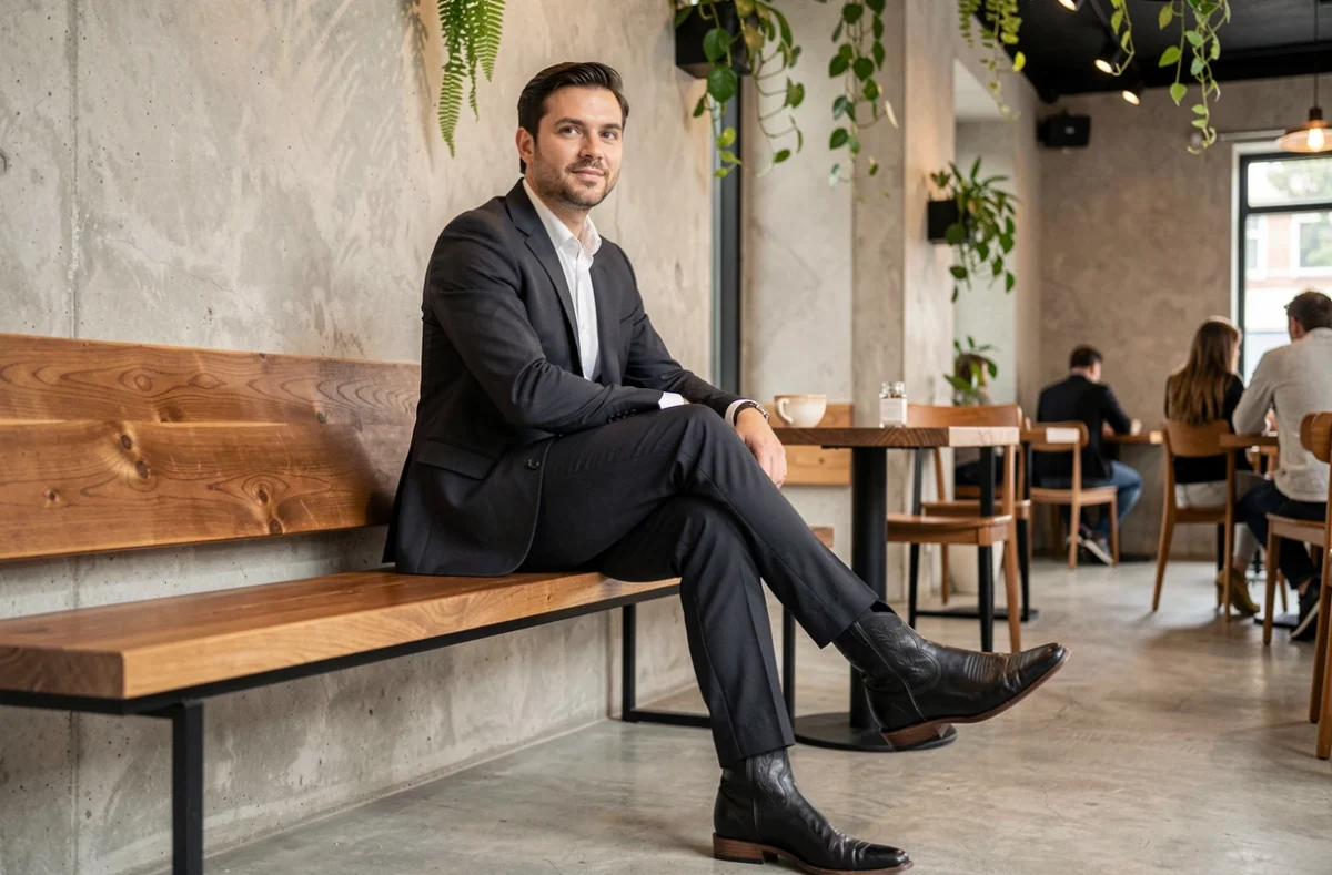 Homme en bottes cowboy noires westerns portées avec un costume de bureau formel dans un café moderne, exemple d'erreur de style à éviter