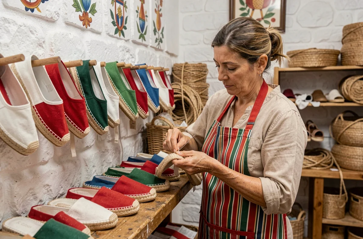 Artisane cousant des espadrilles traditionnelles basques dans la boutique Nicole Pariès avec ses coloris rouge, blanc et vert