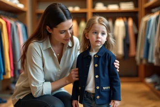 Mère aidant sa fille à essayer une veste IKKS dans une boutique de vêtements enfants