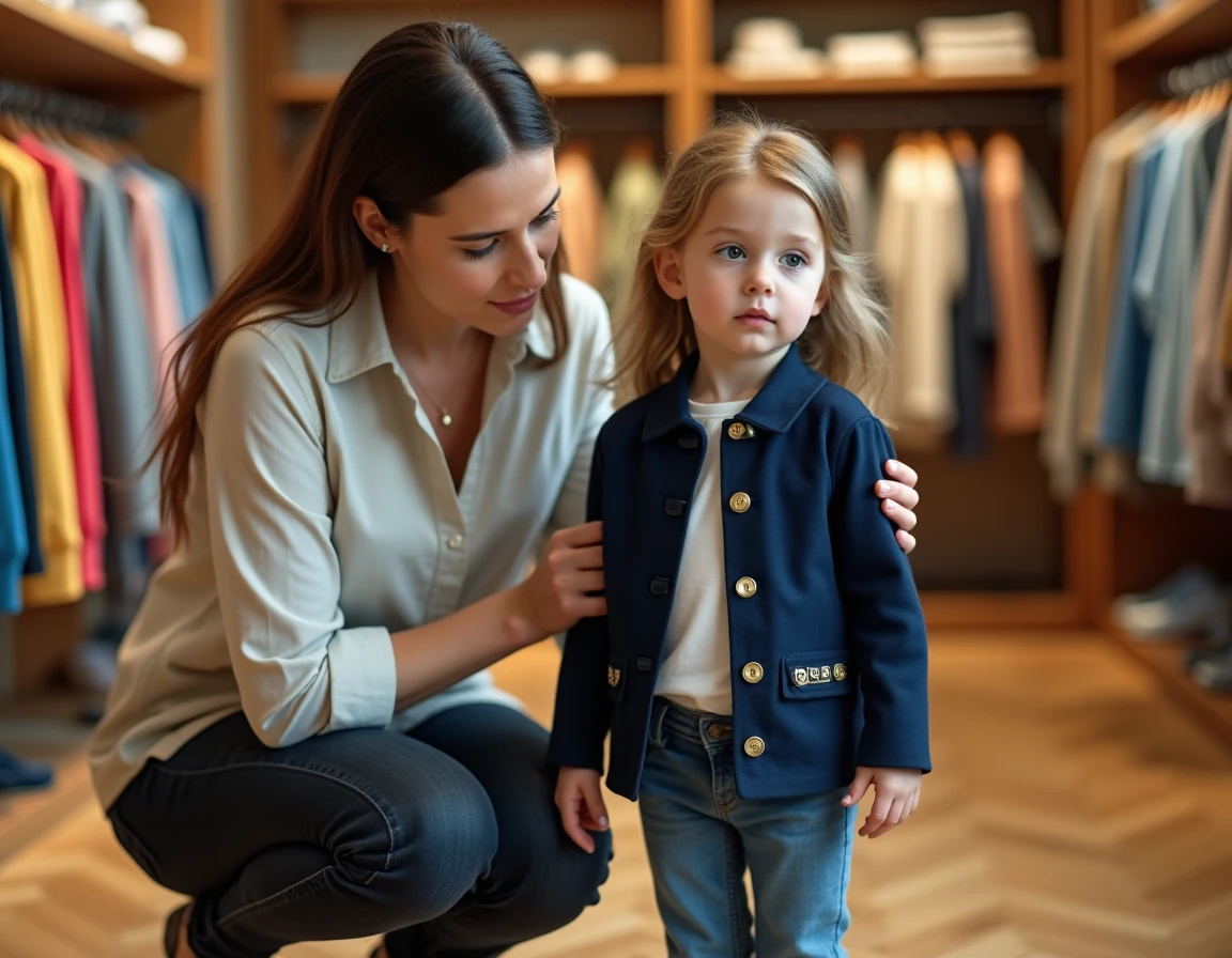 Mère aidant sa fille à essayer une veste IKKS dans une boutique de vêtements enfants
