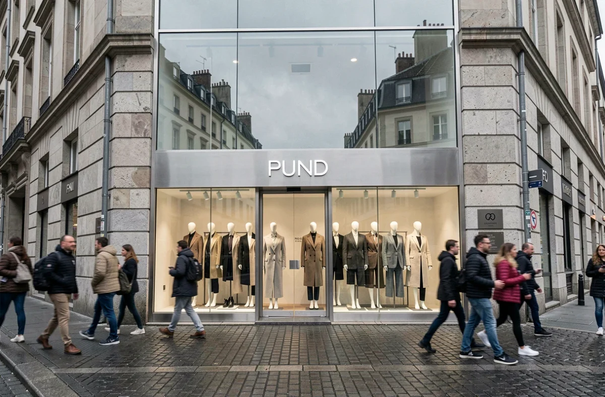 Façade d'un magasin de mode minimaliste sur une rue commerçante européenne, évoquant l'empire mondial Zara fondé par Amancio Ortega
