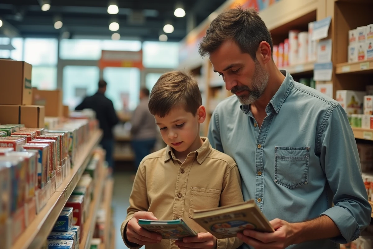 Pere et fils regardant des cartes de collection au supermarche