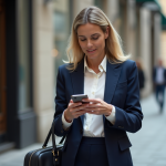 Code vestimentaire : toujours d’actualité en France ? Femme d'affaires parisienne en costume navy vérifiant son smartphone