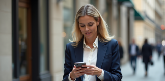 Code vestimentaire : toujours d’actualité en France ? Femme d'affaires parisienne en costume navy vérifiant son smartphone