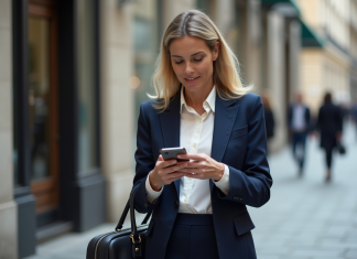 Code vestimentaire : toujours d’actualité en France ? Femme d'affaires parisienne en costume navy vérifiant son smartphone