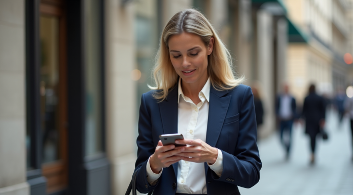 Femme d'affaires parisienne en costume navy vérifiant son smartphone