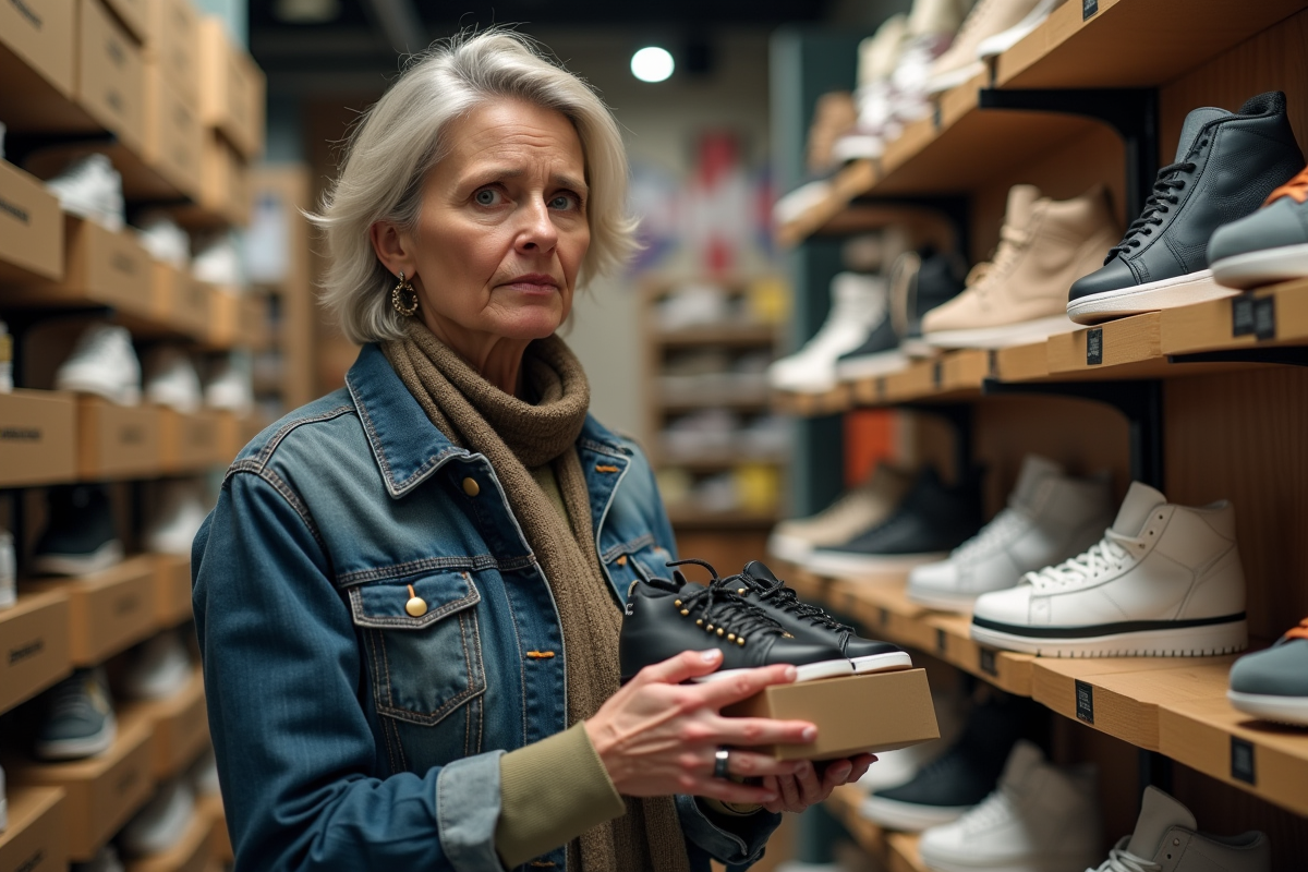 Femme dans une boutique de sneakers tient une boîte à chaussures