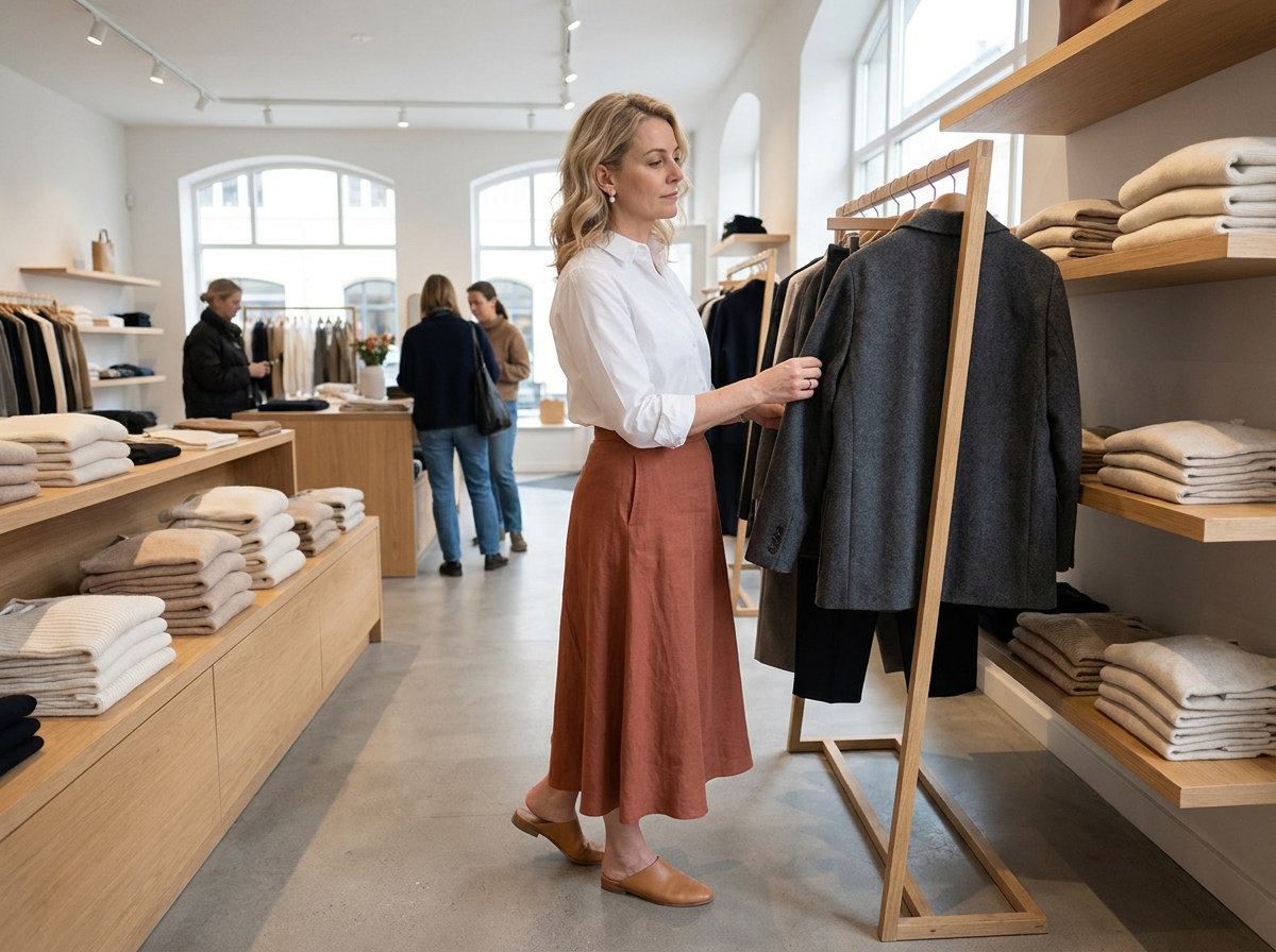 Femme élégante en jupe midi terracotta dans une boutique de mode épurée, style chic et naturel sans excès