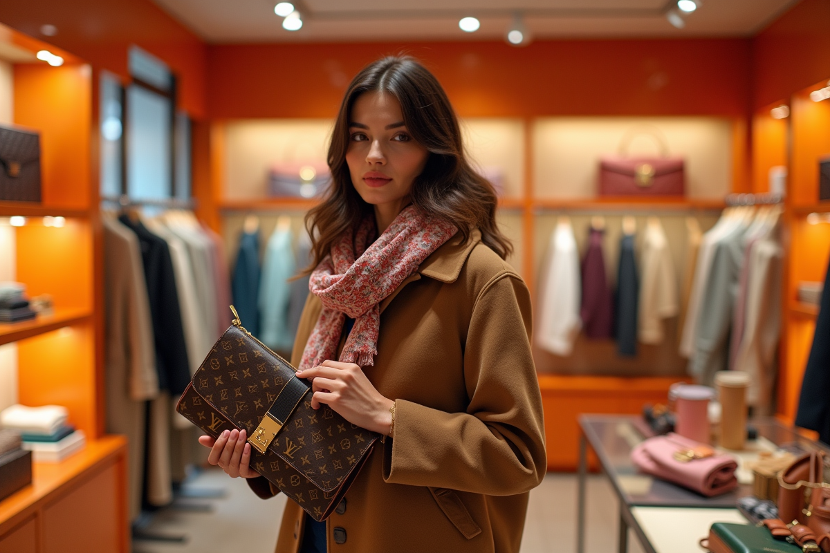 Femme élégante dans une boutique parisienne avec foulard Hermès