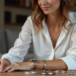 Femme élégante examine bracelets de montres dans un salon cosy