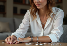 Femme élégante examine bracelets de montres dans un salon cosy