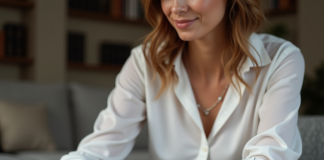 Femme élégante examine bracelets de montres dans un salon cosy