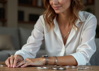 Femme élégante examine bracelets de montres dans un salon cosy