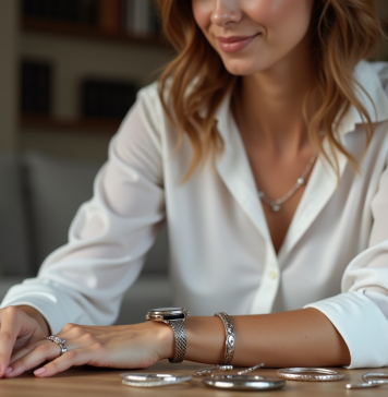 Femme élégante examine bracelets de montres dans un salon cosy