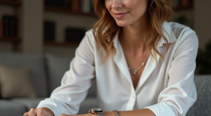 Femme élégante examine bracelets de montres dans un salon cosy