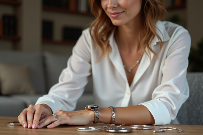 Femme élégante examine bracelets de montres dans un salon cosy