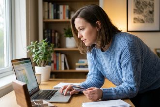Femme en sweater bleu dans un bureau moderne et cosy