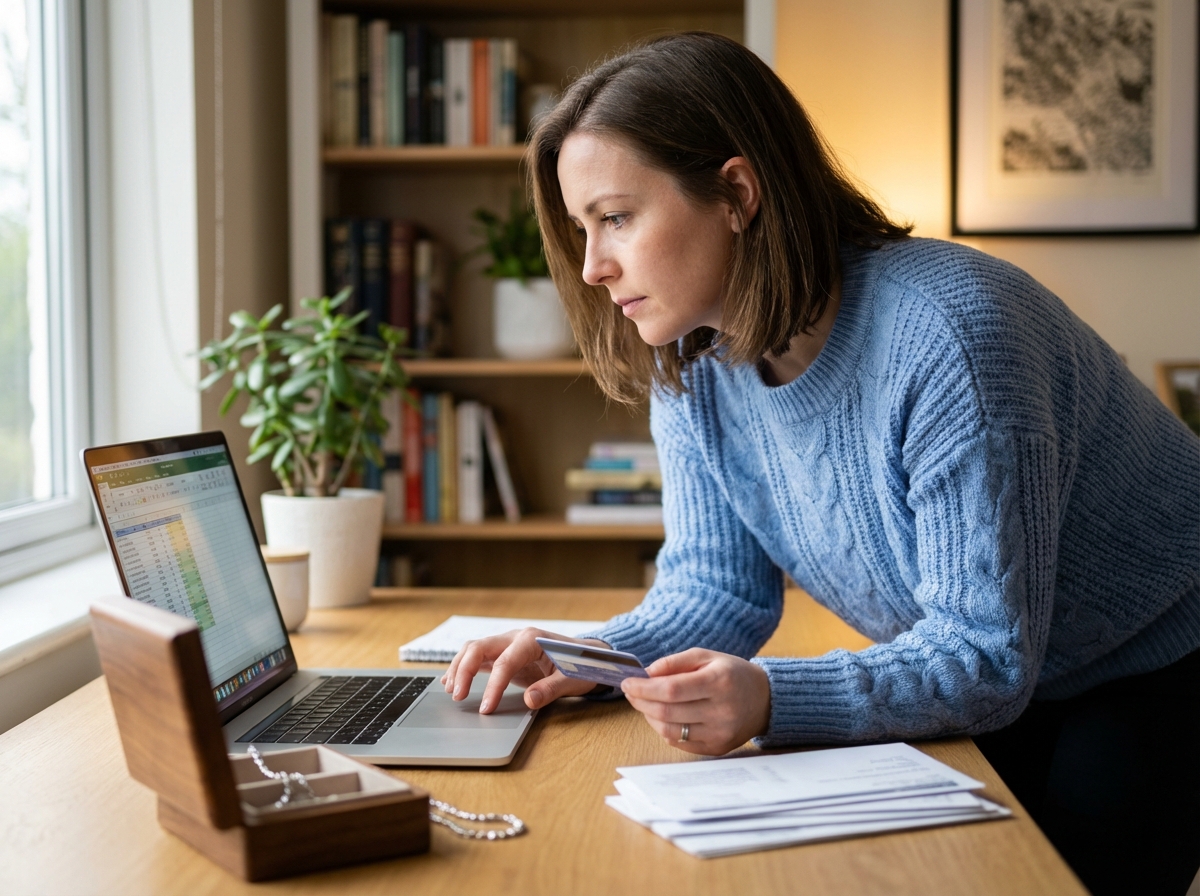 Femme en sweater bleu dans un bureau moderne et cosy