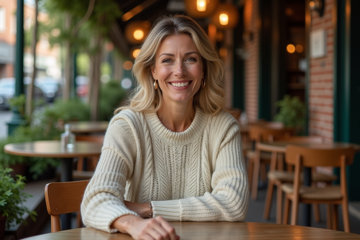 Femme assise dans un café chic en milieu urbain