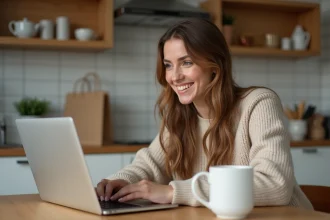 Femme consultant des codes promo sur un ordinateur portable dans une cuisine moderne lors d'un grand déstockage
