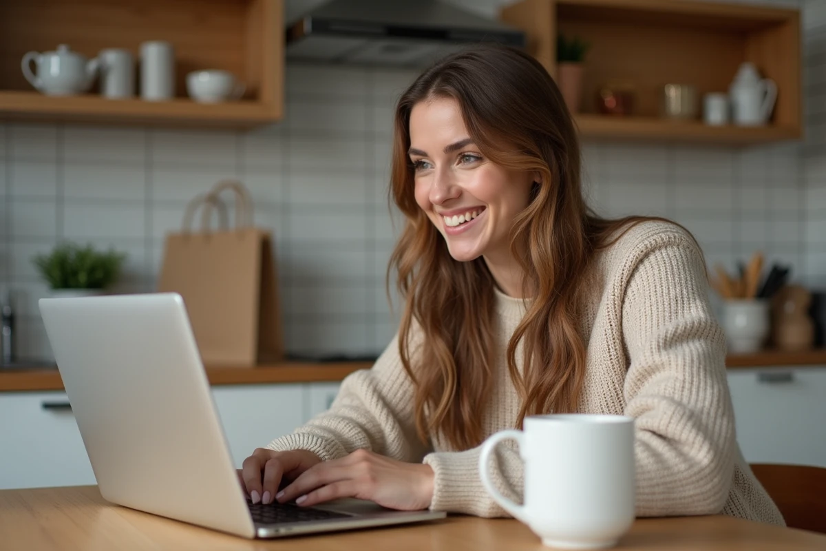 Femme consultant des codes promo sur un ordinateur portable dans une cuisine moderne lors d'un grand déstockage