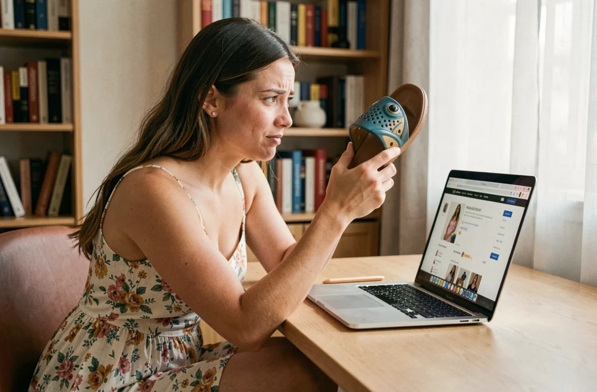 Femme comparant une tong en forme de poisson avec une fiche produit sur un site de vente en ligne