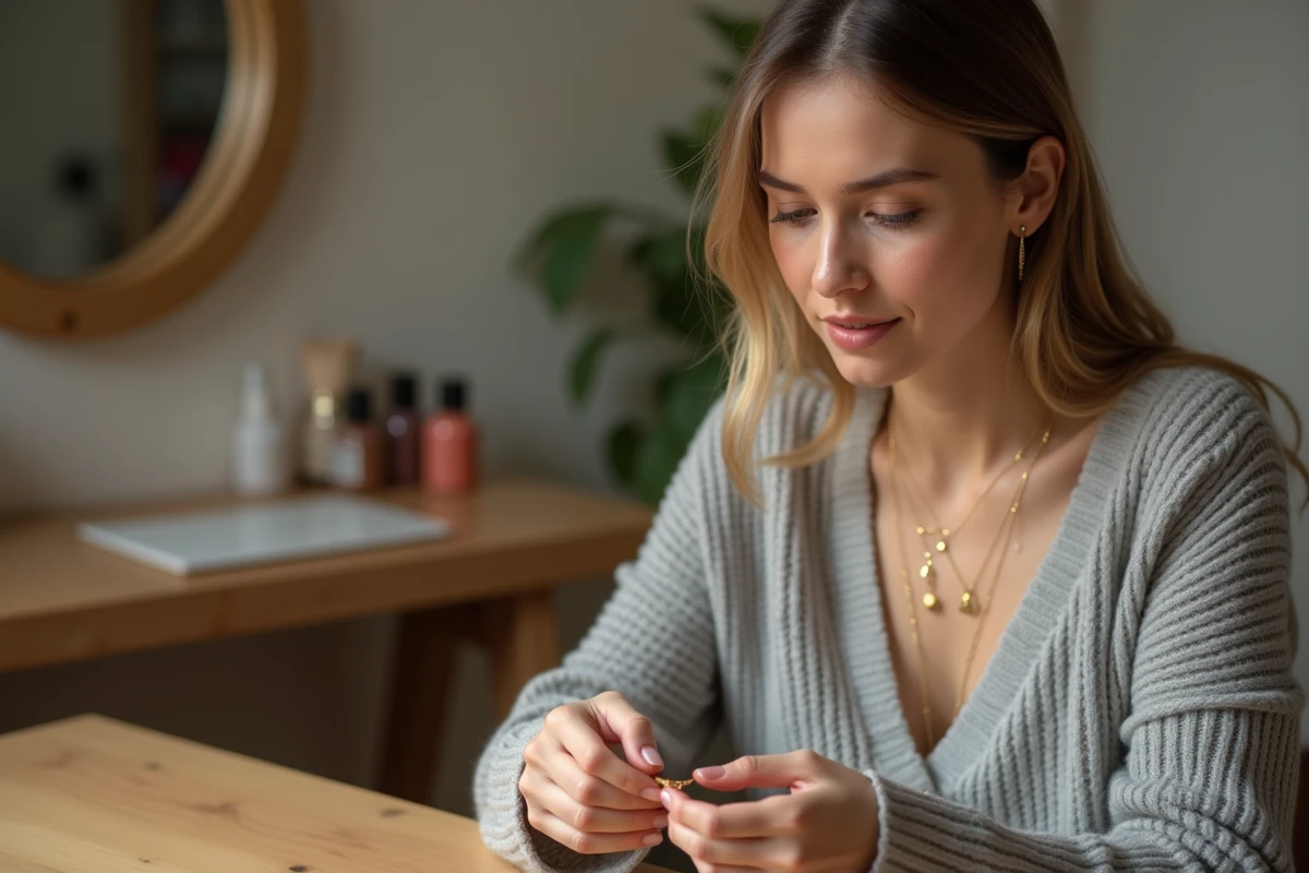 Femme comparant deux colliers dont un plaqué or à sa coiffeuse, scène quotidienne réaliste et naturelle