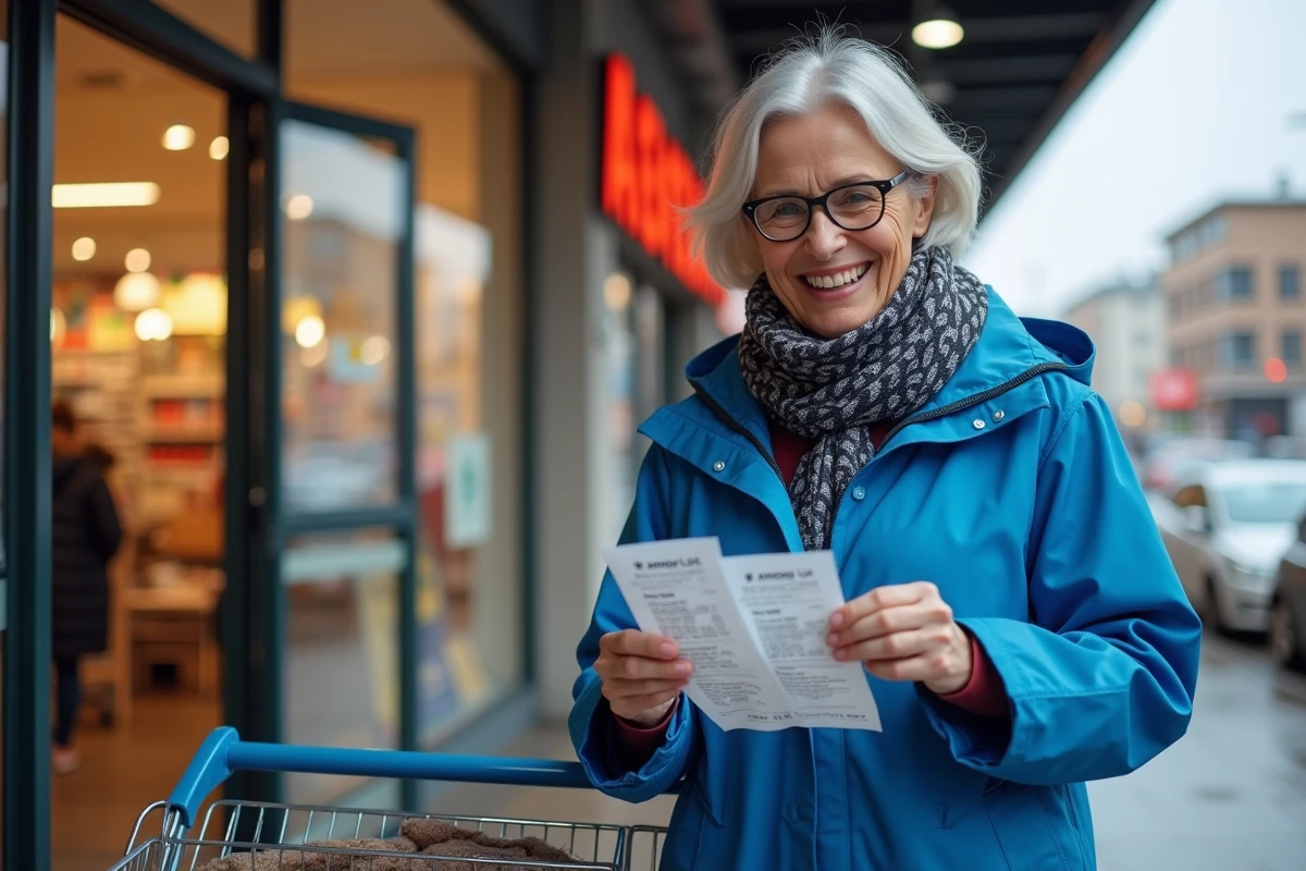 Femme souriante comparant tickets de caisse devant supermarche