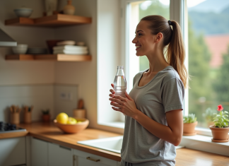 Femme souriante dans une cuisine moderne et chaleureuse