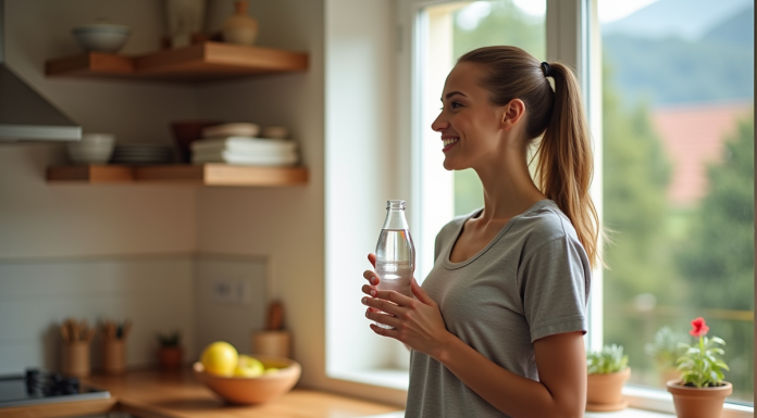 Femme souriante dans une cuisine moderne et chaleureuse