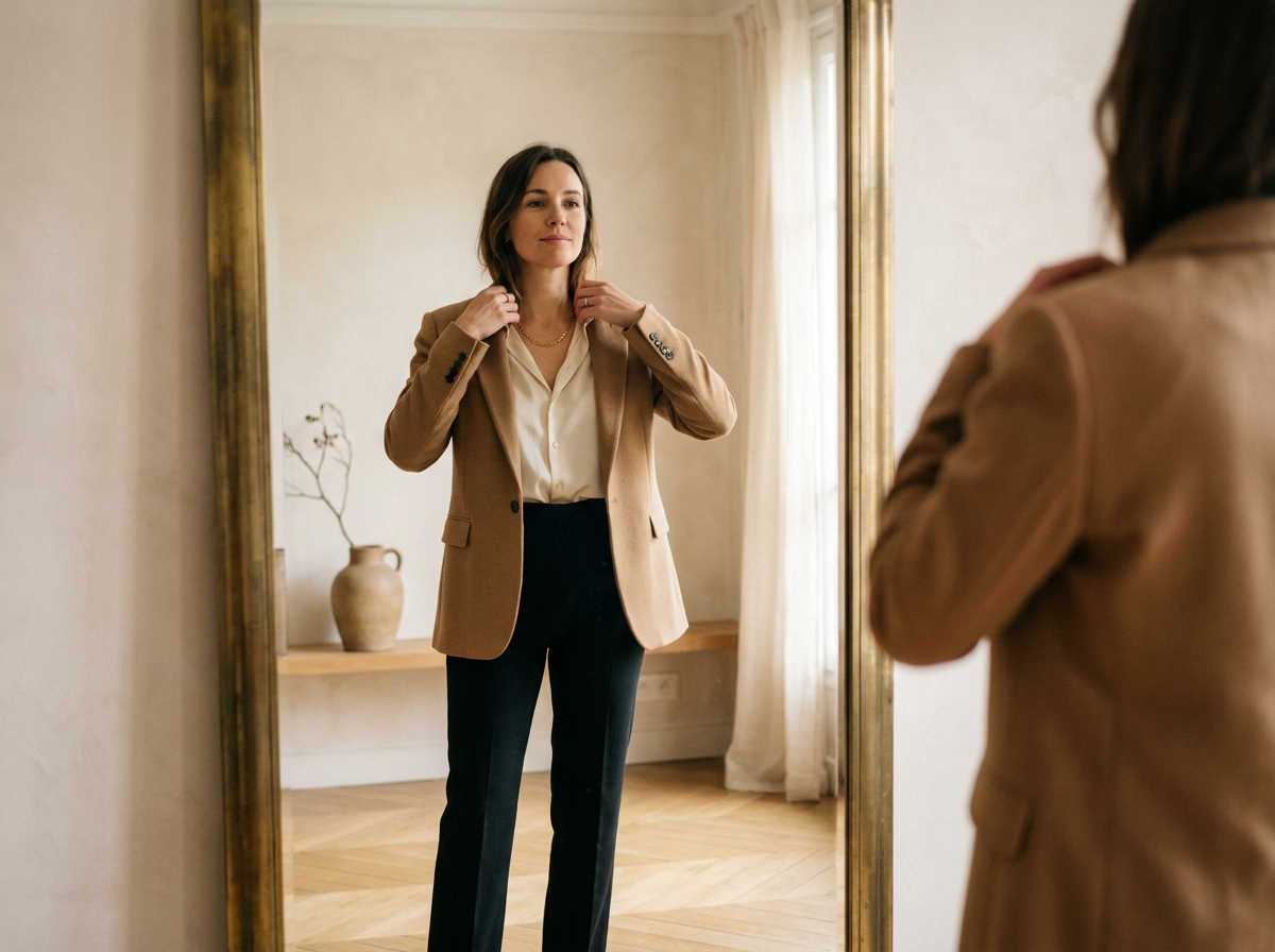 Femme élégante en blazer camel devant un miroir dans un appartement parisien minimaliste, style sobre et chic du quotidien