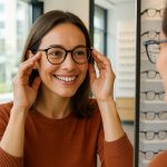 Femme souriante essayant des lunettes devant un miroir lumineux