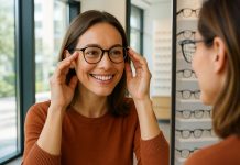 Femme souriante essayant des lunettes devant un miroir lumineux