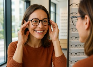 Femme souriante essayant des lunettes devant un miroir lumineux