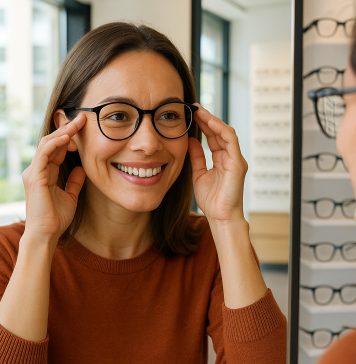 Femme souriante essayant des lunettes devant un miroir lumineux