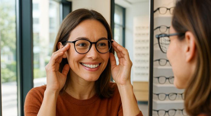 Femme souriante essayant des lunettes devant un miroir lumineux