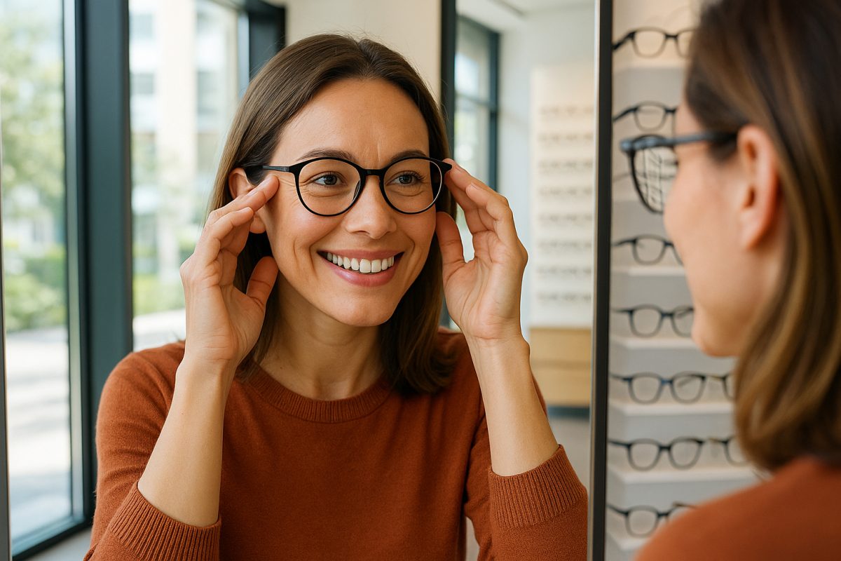 Femme souriante essayant des lunettes devant un miroir lumineux