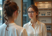 Lunettes : choisir une monture qui s’adapte à la forme de votre visage Femme en boutique d'optique essaie plusieurs paires de lunettes