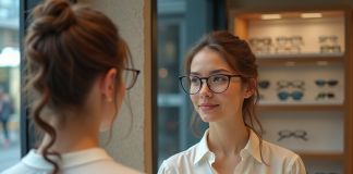 Lunettes : choisir une monture qui s’adapte à la forme de votre visage Femme en boutique d'optique essaie plusieurs paires de lunettes
